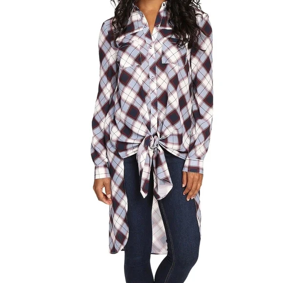 Prana Plaid Maroon Flint Maxi Tunic Size Small - Picture 2 of 11